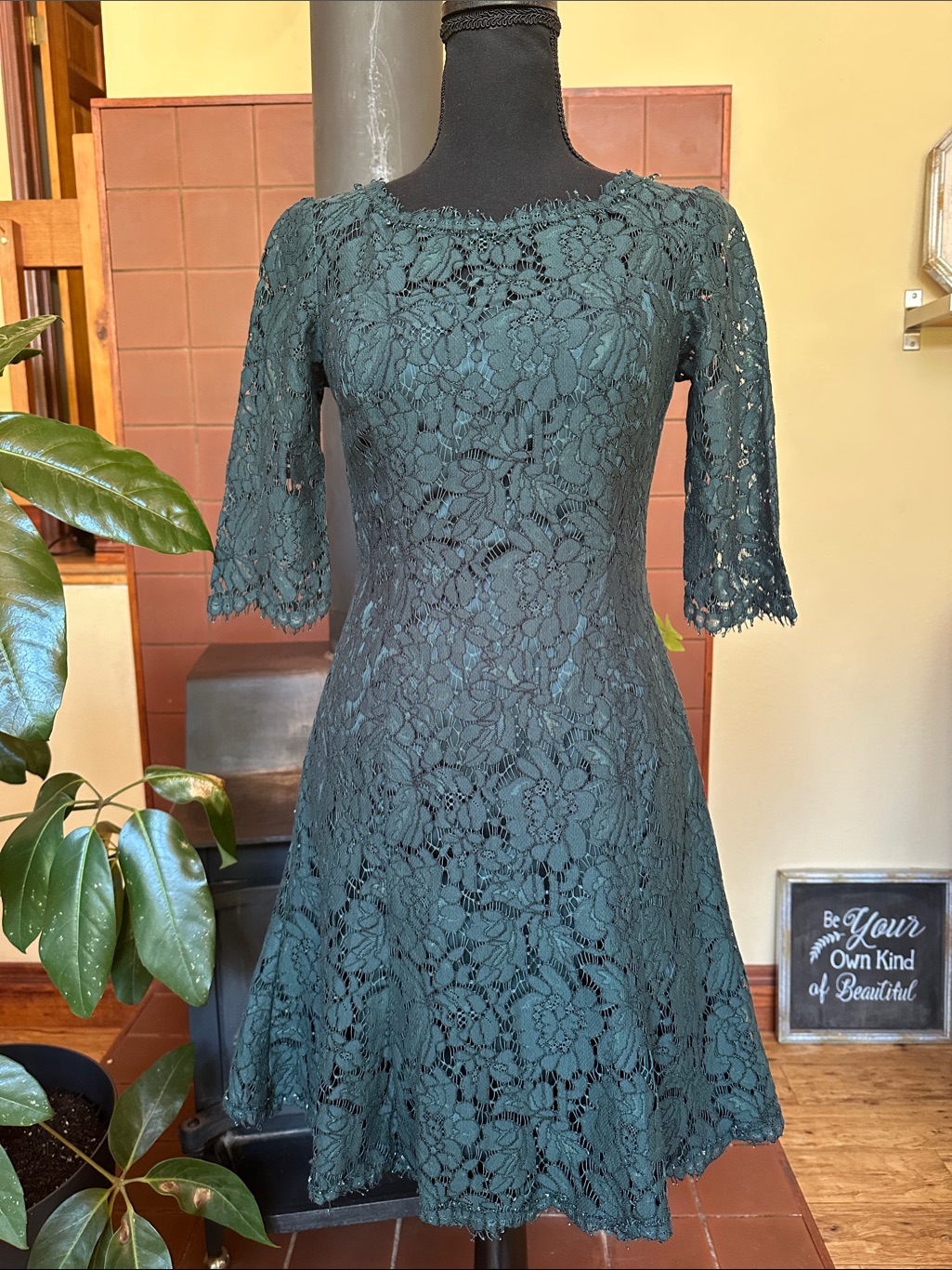 #225- Eliza J Dark Green Lace Fit-And-Flare Midi Dress